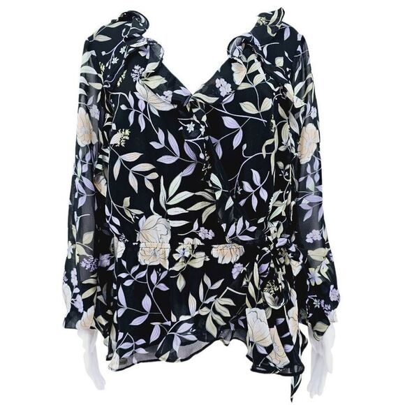 Calvin Klein Ruffle Floral Chiffon LS Blouse XL - Picture 1 of 8
